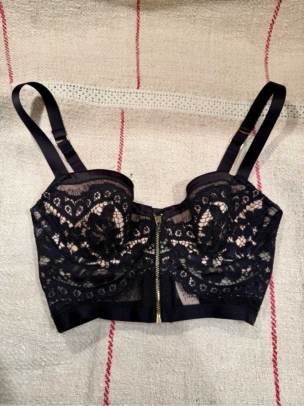 Victoria's Secret Lined Demi Bra Black Illusion Lace Front Zip Bralette Bustier